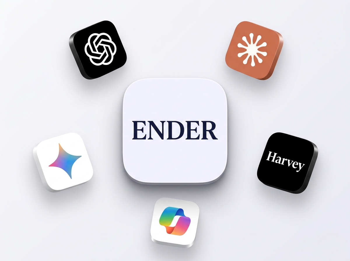 The Ender logo surrounded by general AI assistants including ChatGPT, Claude, Gemini, Microsoft Copilot and Harvey.